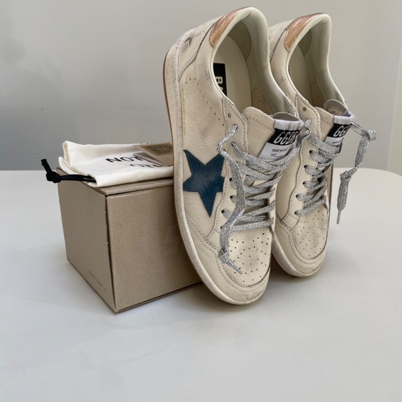 Golden Goose Ball Star White Leather/Smoke Blue/Metallic Heel sz 37 New in Box - Picture 11 of 12